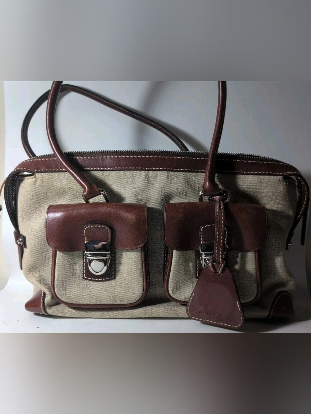 DOONEY & BOURKE Double Pocket Tote Shoulder Bag Signature Taupe Jacquard